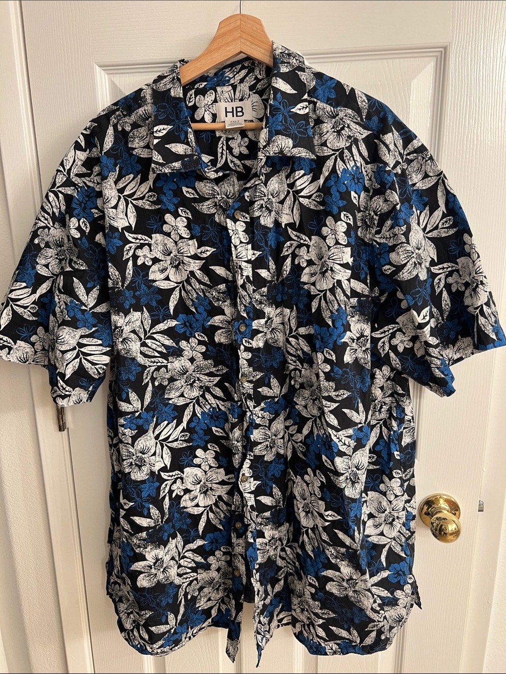 Harbor Bay Black Floral Short-Sleeve Button-Down with Blue Accents